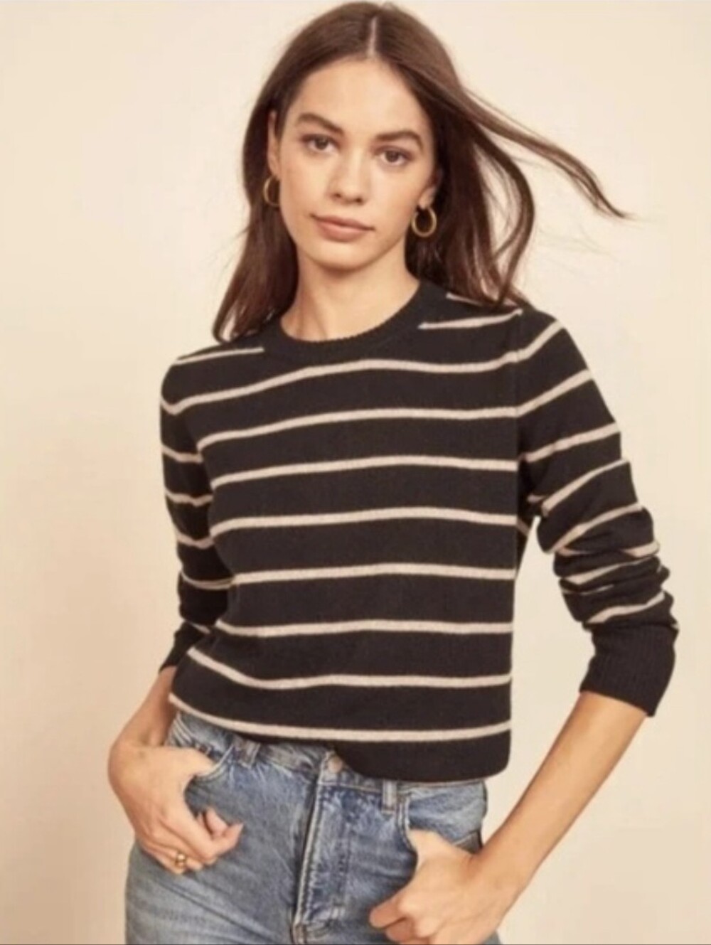 Reformation Cashmere  Black Sweater with White Stripe Detail Small